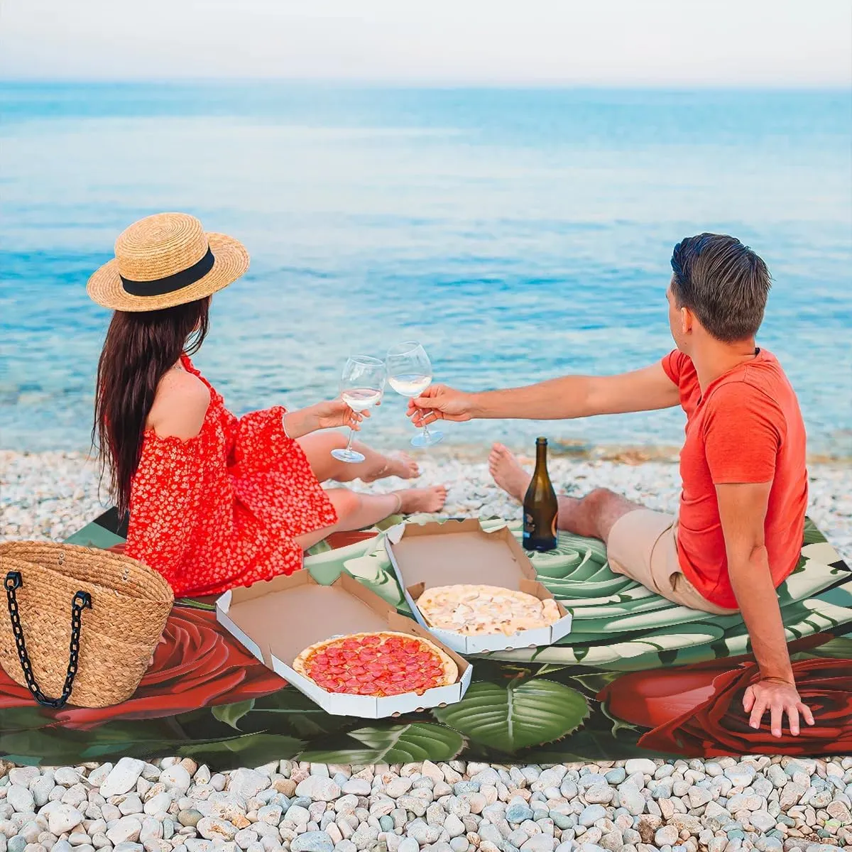 Striped Rose Beach Blanket, Sandproof Beach Mat, 68 x 59 Waterproof Quick Drying Sand Free Mat with 4 x Ground Spikes for Outdoor Travel Camping Hiking, Valentine's Day