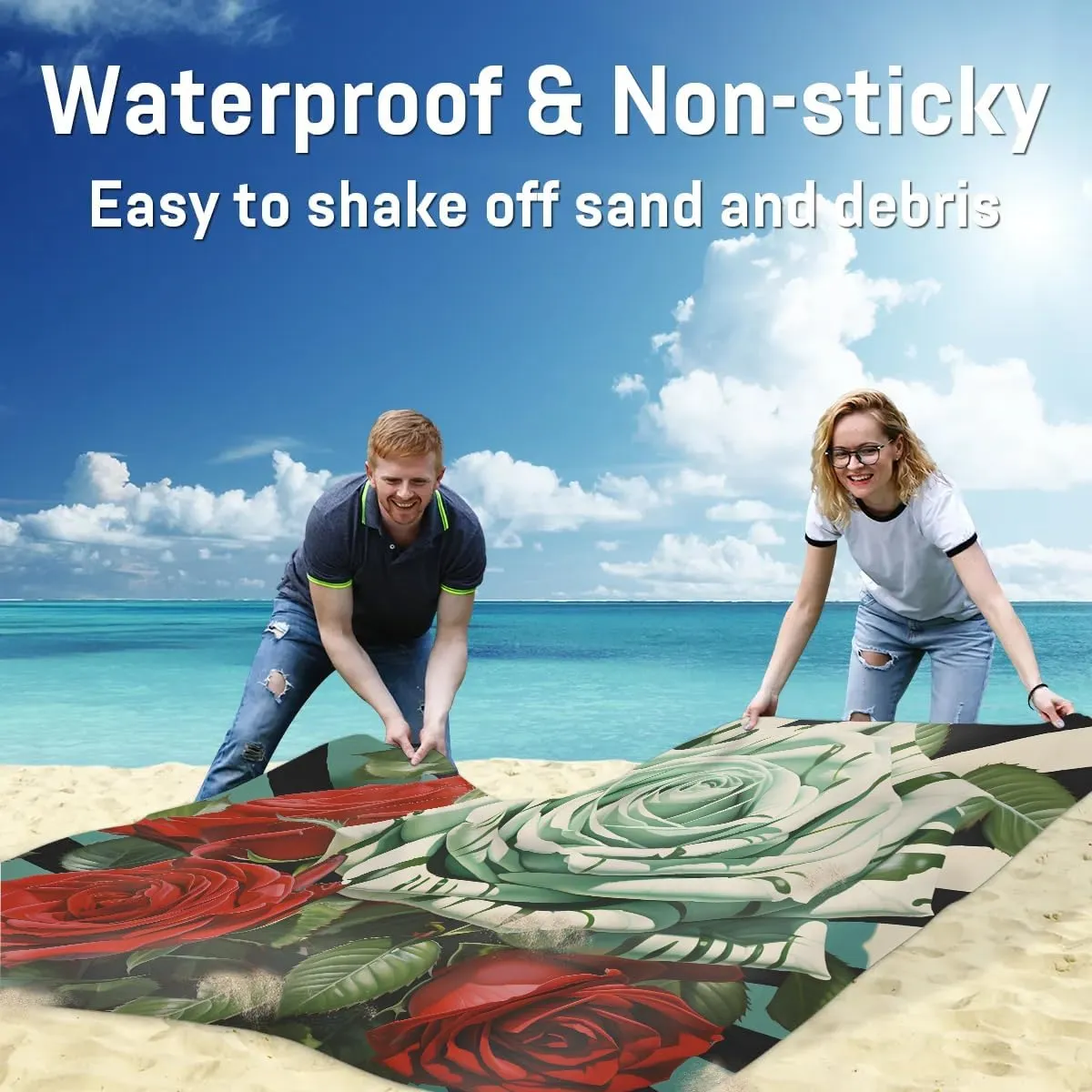 Striped Rose Beach Blanket, Sandproof Beach Mat, 68 x 59 Waterproof Quick Drying Sand Free Mat with 4 x Ground Spikes for Outdoor Travel Camping Hiking, Valentine's Day
