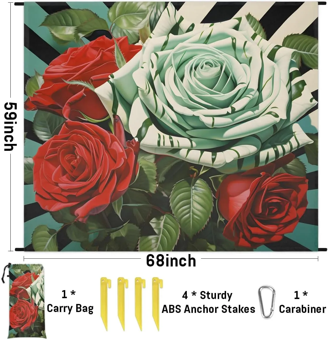 Striped Rose Beach Blanket, Sandproof Beach Mat, 68 x 59 Waterproof Quick Drying Sand Free Mat with 4 x Ground Spikes for Outdoor Travel Camping Hiking, Valentine's Day