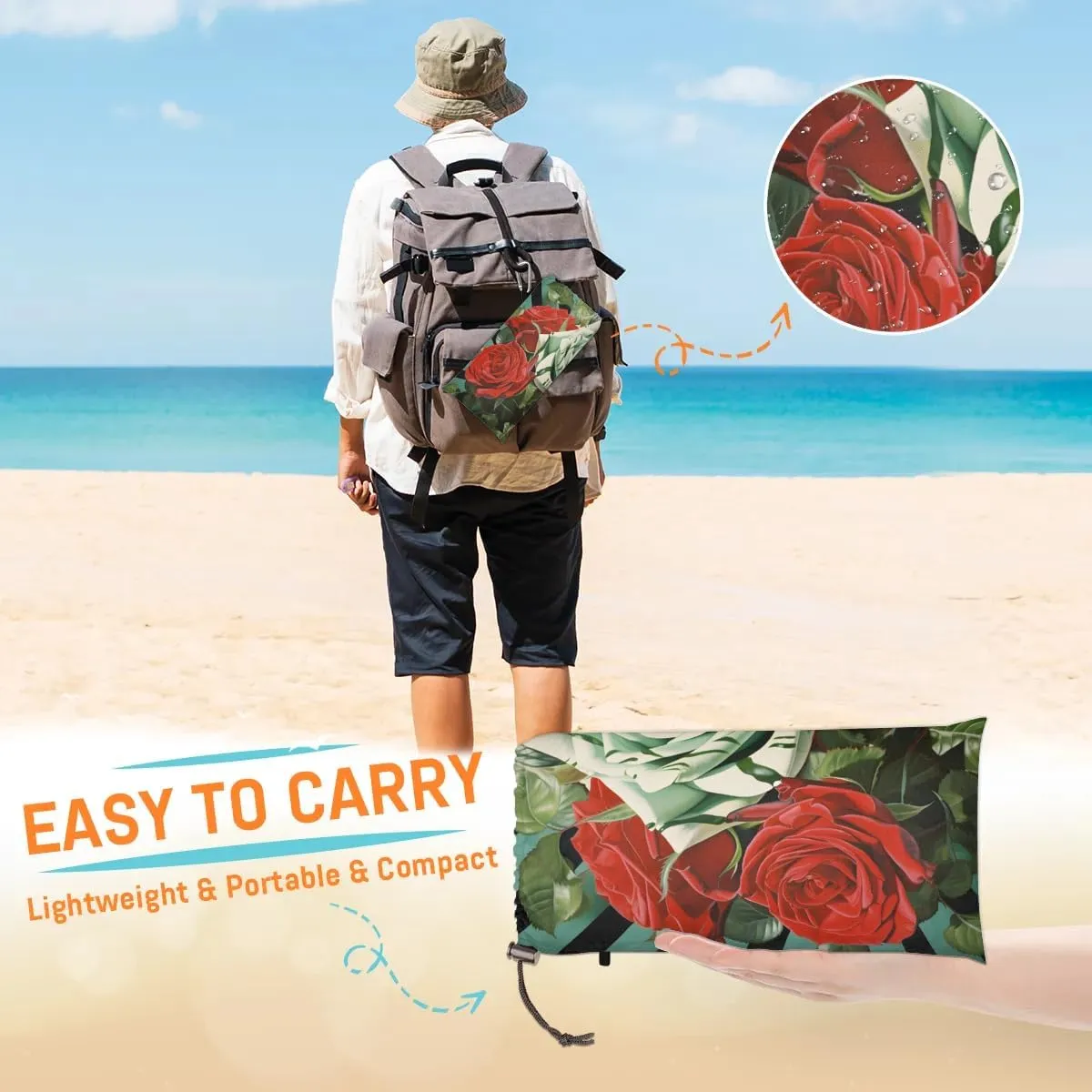 Striped Rose Beach Blanket, Sandproof Beach Mat, 68 x 59 Waterproof Quick Drying Sand Free Mat with 4 x Ground Spikes for Outdoor Travel Camping Hiking, Valentine's Day