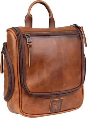 STS Ranchwear Men's Tucson Hanging Shave STS30310 Multi-Pocket Leather Travel Toiletry Dopp Kit Organizer Bag, Rich Tan, 10.5" W x 10" H