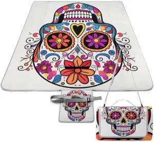 Sugar Skull Picnic Blanket Outdoor, Oversized Beach Blanket, Foldable Lightweight Waterproof Sand Cushion Suitable for Beaches, Camping Grasslands Mat