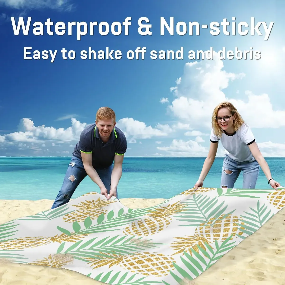 Summer Pineapple Beach Blanket, Sandproof Beach Mat, 68 x 59 Waterproof Quick Drying Sand Free Mat with 4 x Ground Spikes for Outdoor Travel Camping Hiking, Pineapple