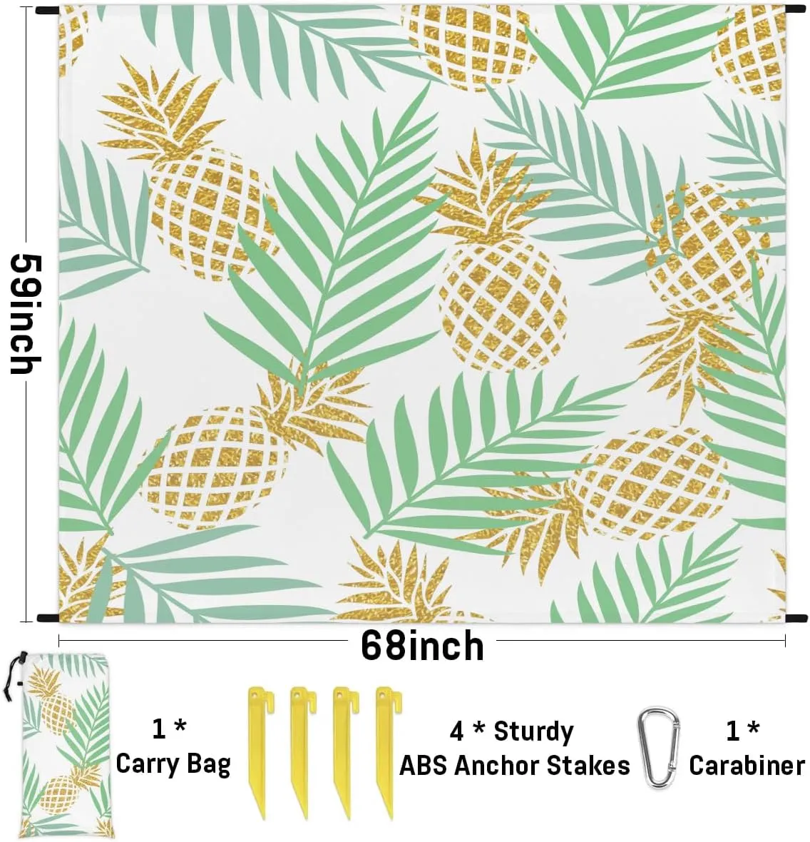 Summer Pineapple Beach Blanket, Sandproof Beach Mat, 68 x 59 Waterproof Quick Drying Sand Free Mat with 4 x Ground Spikes for Outdoor Travel Camping Hiking, Pineapple