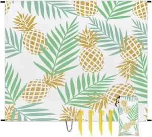 Summer Pineapple Beach Blanket, Sandproof Beach Mat, 68 x 59 Waterproof Quick Drying Sand Free Mat with 4 x Ground Spikes for Outdoor Travel Camping Hiking, Pineapple