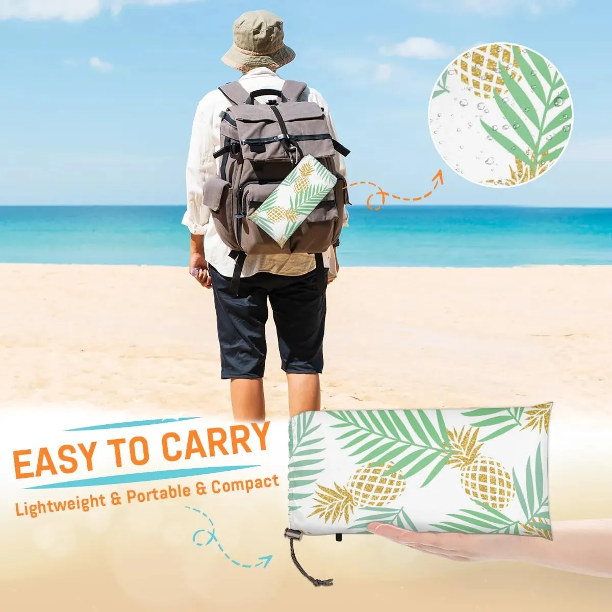 Summer Pineapple Beach Blanket, Sandproof Beach Mat, 68 x 59 Waterproof Quick Drying Sand Free Mat with 4 x Ground Spikes for Outdoor Travel Camping Hiking, Pineapple