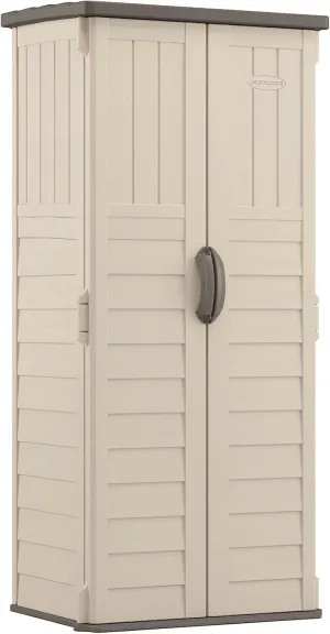 Suncast Vertical Outdoor Storage Shed with Reinforced Floor, Lockable Double Doors, All-Weather Construction, and Multi-Wall Panels, Vanilla, Made in the USA