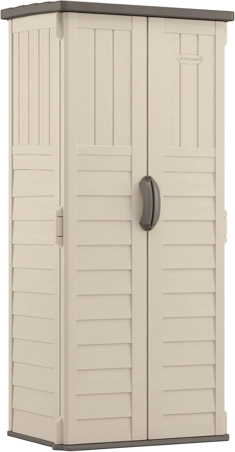 Suncast Vertical Outdoor Storage Shed with Reinforced Floor, Lockable Double Doors, All-Weather Construction, and Multi-Wall Panels, Vanilla, Made in the USA