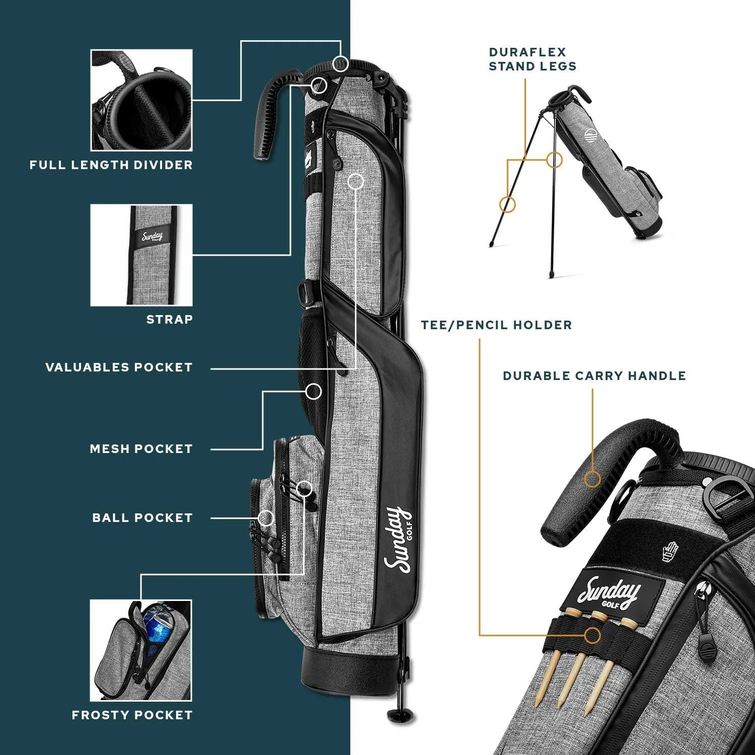 Sunday Golf Loma Bag - Lightweight Golf Bag with Strap and Stand – Easy to Carry Pitch n Putt Golf Bag – Stand Bag for The Driving Range, Par 3 and Executive Courses, 31 Inches