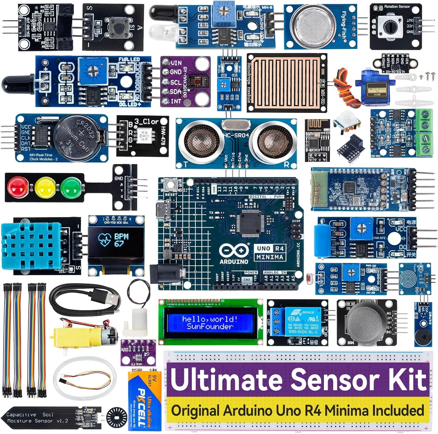 SUNFOUNDER Sensors Kit with Original Arduino Uno R4 Minima, Smart IoT & Basic Sensor Projects with Online Tutorials, Suitable for Age 8  Beginners (Original Arduino Uno R4 Minima Included)