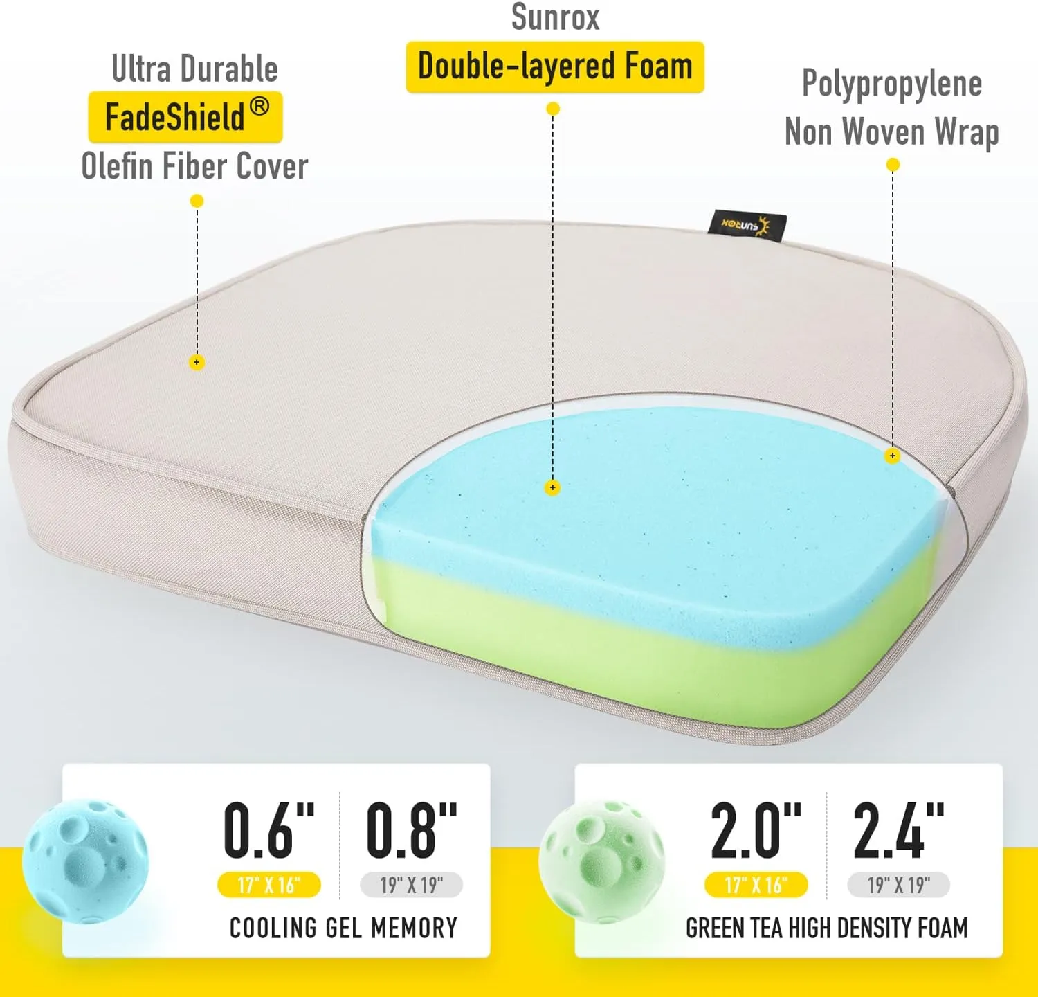 SUNROX Gel Memory Foam Chair Cushions, FadeShield Water-, Stain-Resistant Durable Reversible Seat Cushion Pads with Ties for Indoor/Outdoor Kitchen Dining Office 17"x16" Set of 2, Cream
