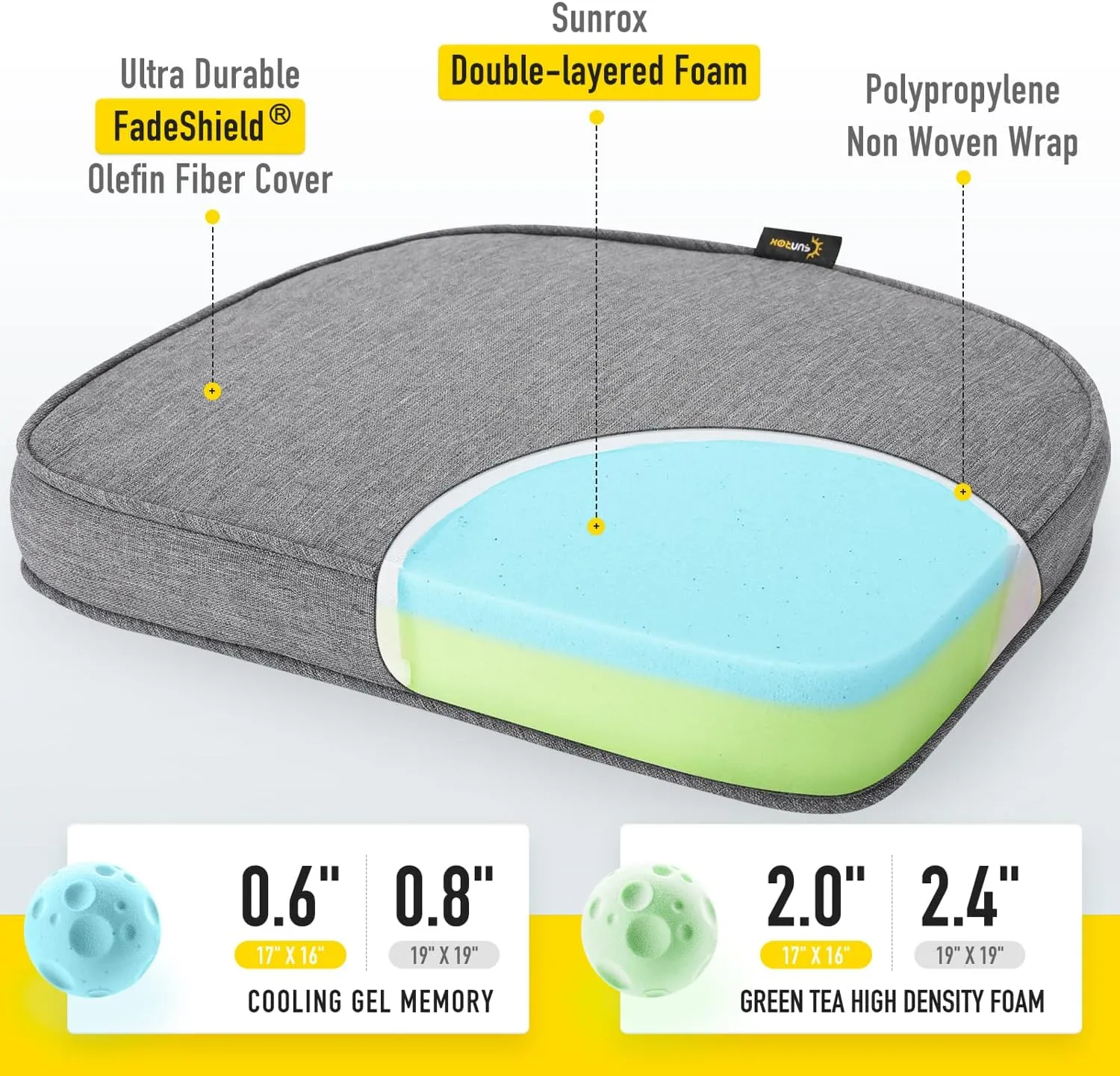 SUNROX Gel Memory Foam Chair Cushions, FadeShield Water-, Stain-Resistant Durable Reversible Seat Cushion Pads with Ties for Indoor/Outdoor Kitchen Dining Office 17"x16" Set of 2, Heather Charcoal