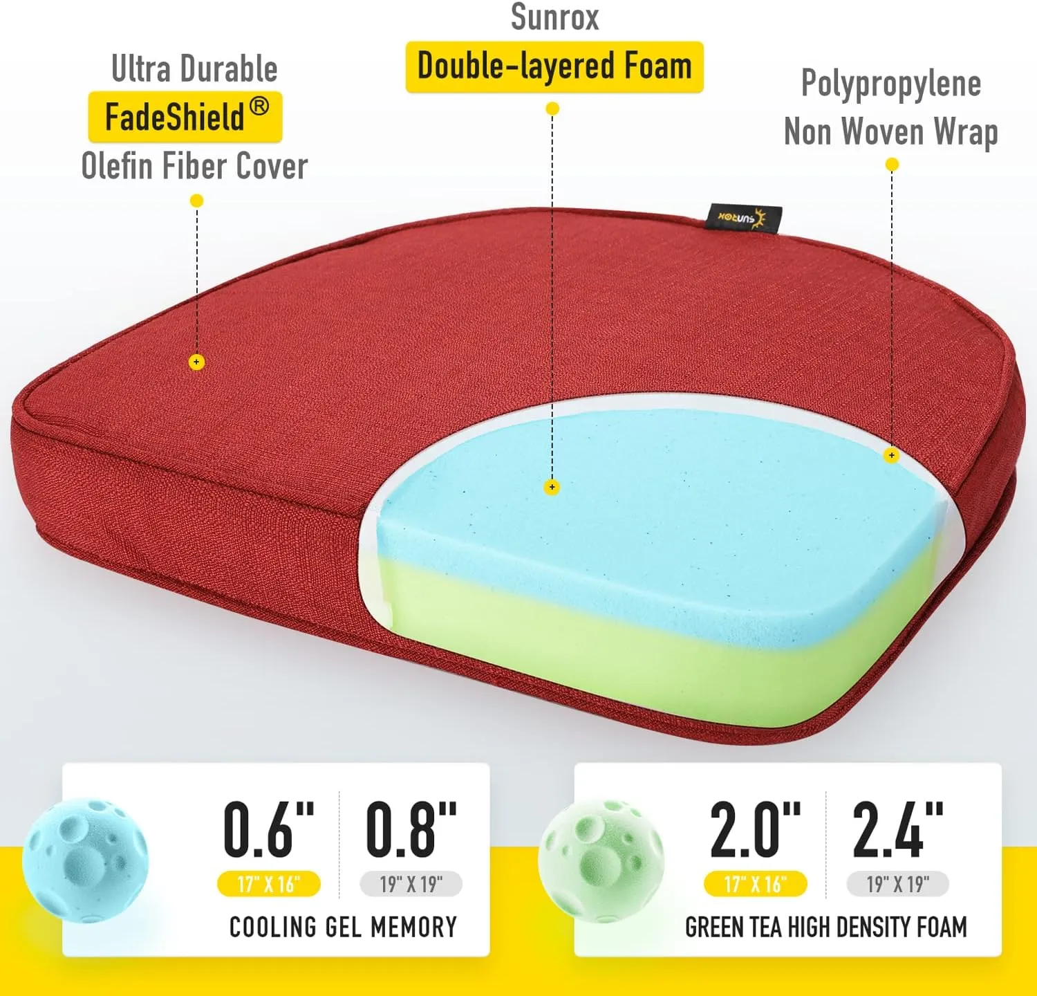 SUNROX Gel Memory Foam Chair Cushions, FadeShield Water-, Stain-Resistant Durable Reversible Seat Cushion Pads with Ties for Indoor/Outdoor Kitchen Dining Office 17"x16" Set of 4, Burgundy