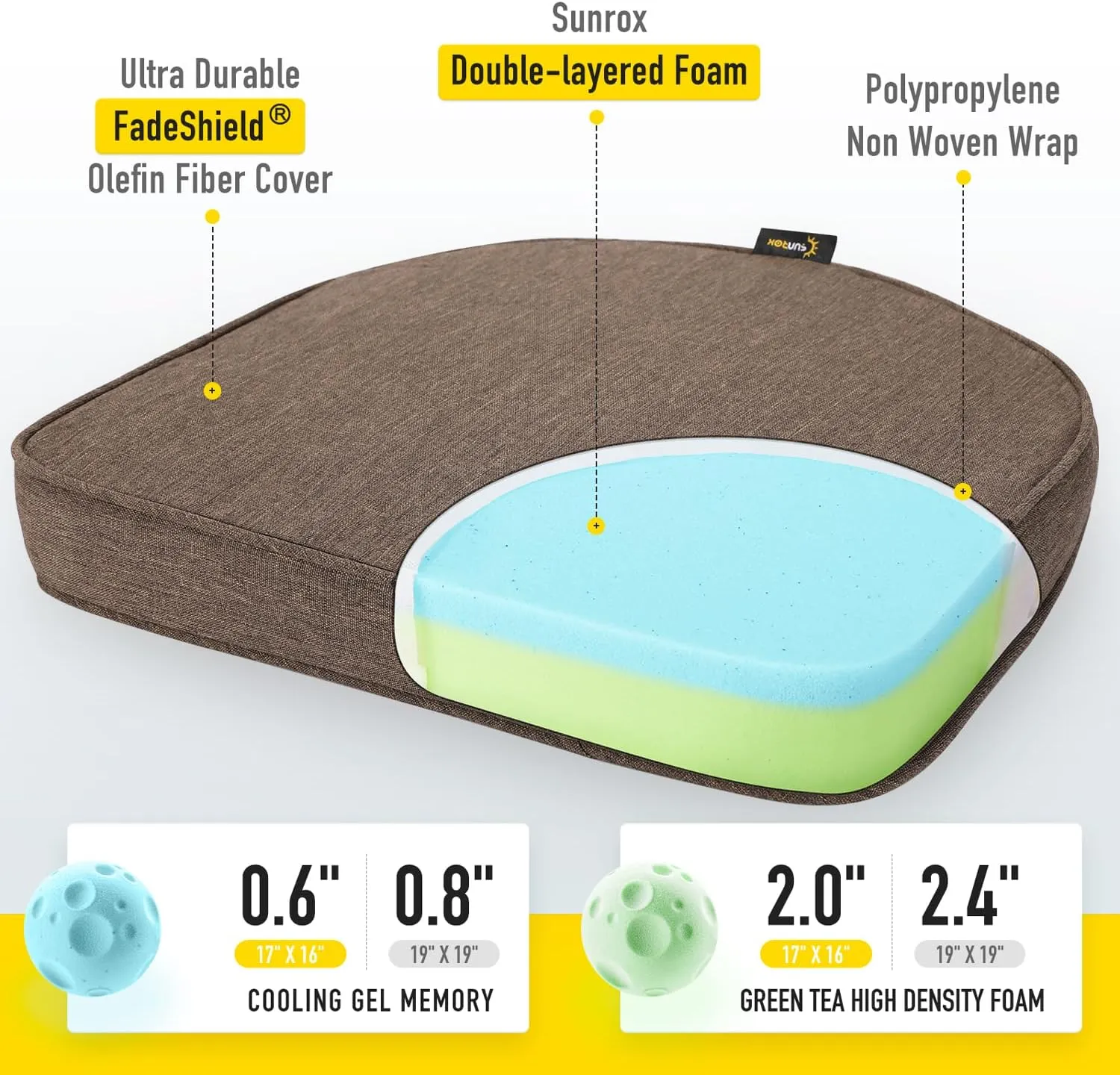 SUNROX Gel Memory Foam Chair Cushions, FadeShield Water-, Stain-Resistant Durable Reversible Seat Cushion Pads with Ties for Indoor/Outdoor Kitchen Dining Office 17"x16" Set of 4, Heather Chestnut