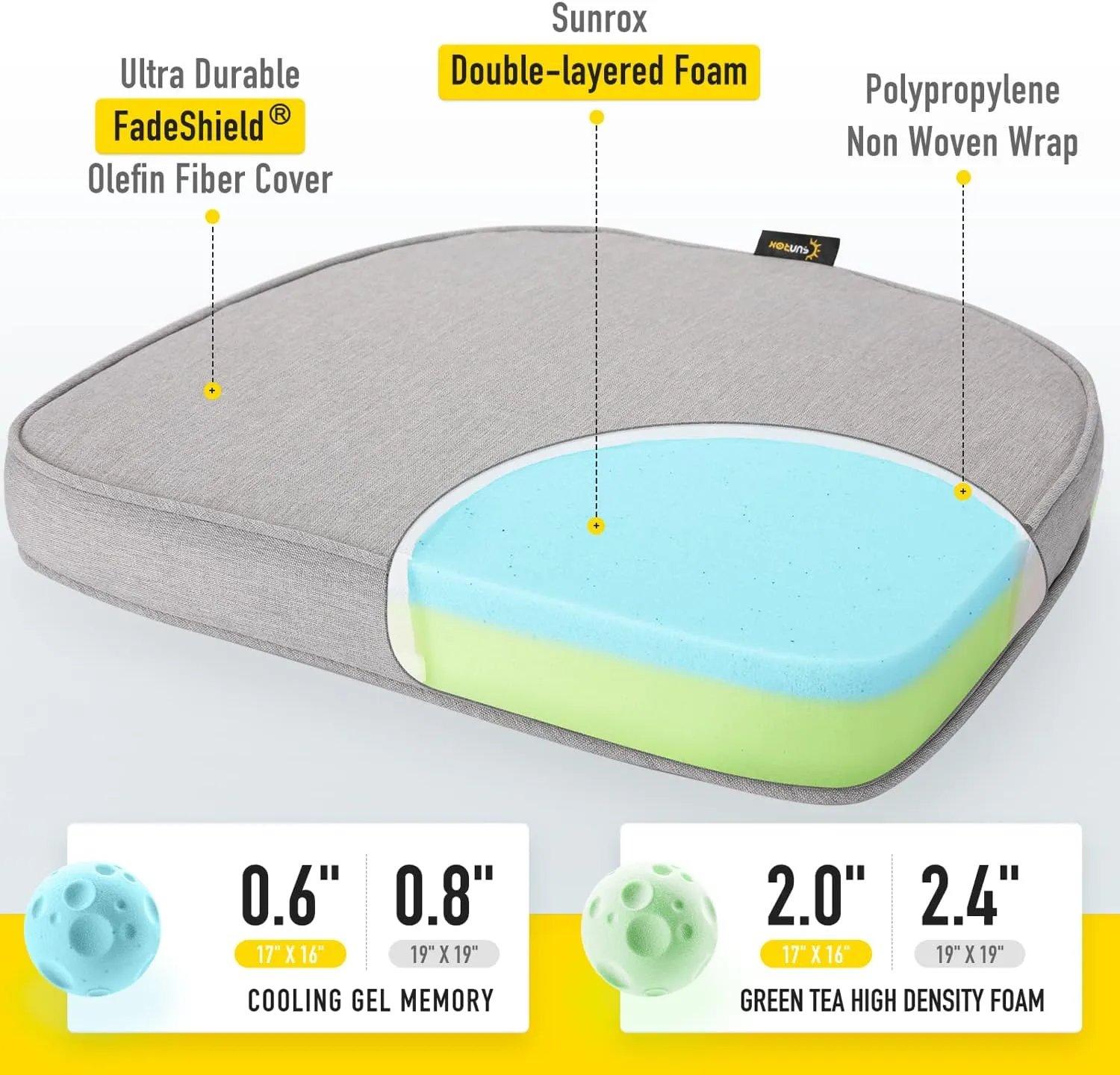 SUNROX Gel Memory Foam Chair Cushions, FadeShield Water-, Stain-Resistant Durable Reversible Seat Cushion Pads with Ties for Indoor/Outdoor Kitchen Dining Office, 17"x16", Set of 6, Heather Grey
