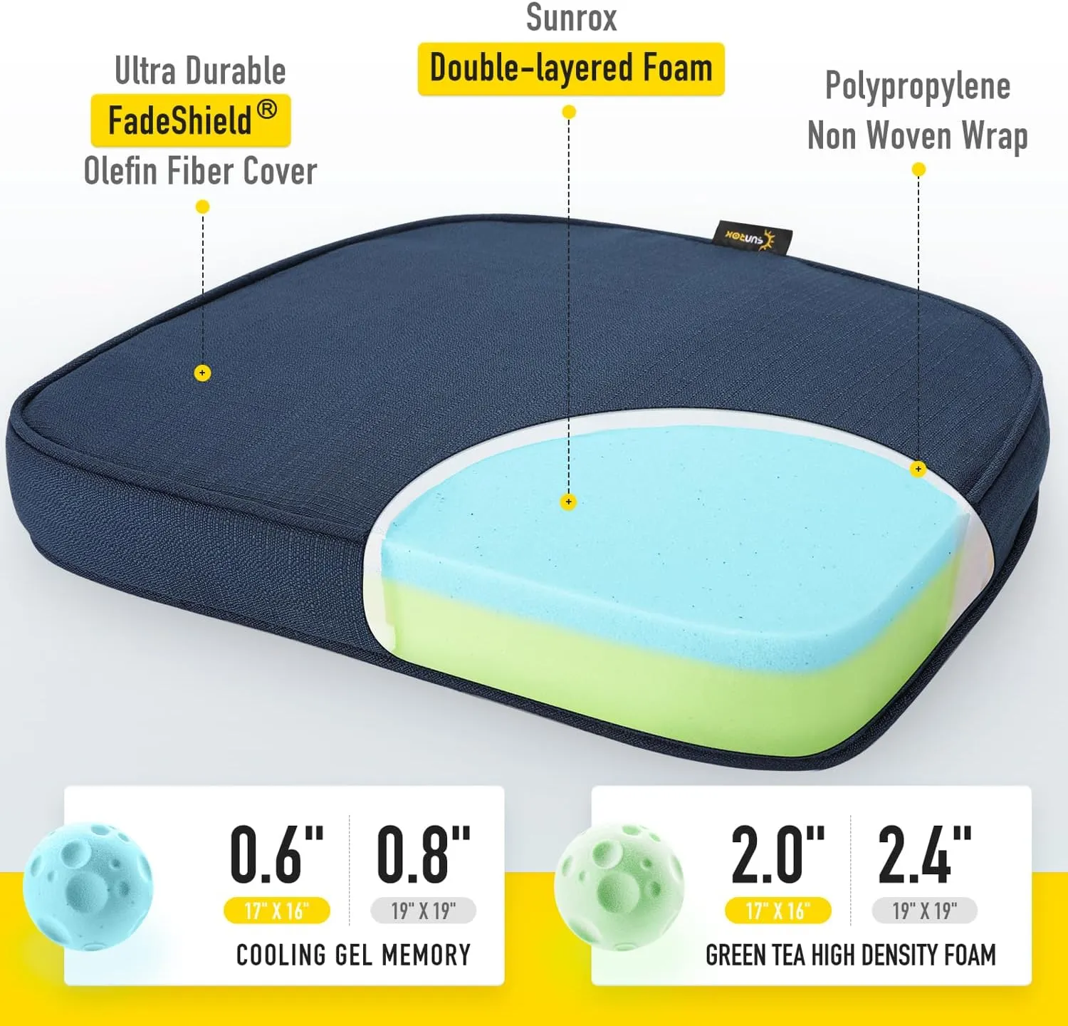 SUNROX Gel Memory Foam Chair Cushions, FadeShield Water-, Stain-Resistant Durable Reversible Seat Cushion Pads with Ties for Indoor/Outdoor Kitchen Dining Office 17"x16" Set of 6, Navy