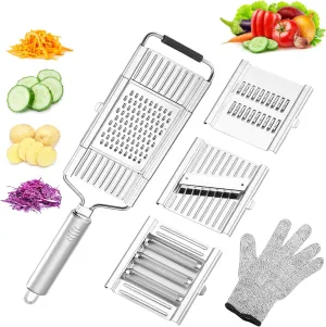 Suuker 4 in 1 Vegetable Cutter with Cheese Grater, Carrot Grater, Cabbage Shredder, Cucumber Slicer - Stainless Steel Mandoline Slicer for Kitchen