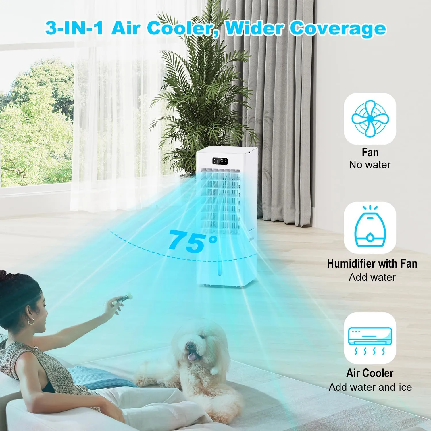 Swamp Cooler, 3-IN-1 Evaporative Air Cooler, 6L Windowless Portable Air Conditioners with 4 Ice Packs, 4 Modes & 3 Speeds, Auto Oscillating, 12H Timer, 17FT Remote, Cooling Fan for Office, Home