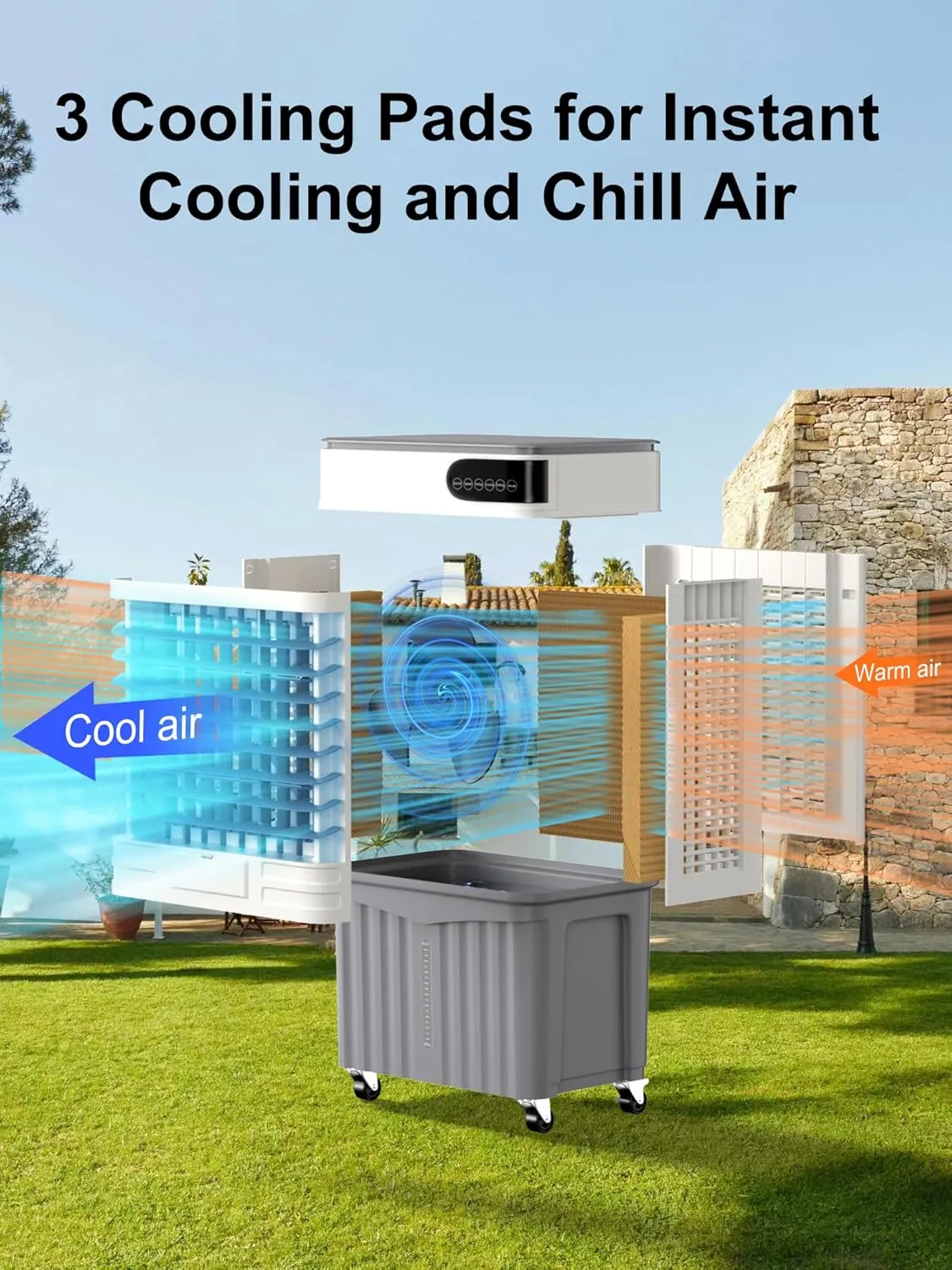 Swamp Cooler 44 Inch, 3800 CFM Evaporative Air Cooler with Remote Control & 120° Oscillation, 3 In 1 Portable Cooling Fan for 1000 Sq.Ft, 13.5 Gal Tank, 3 Speeds/Modes for Home, Garage, Patio