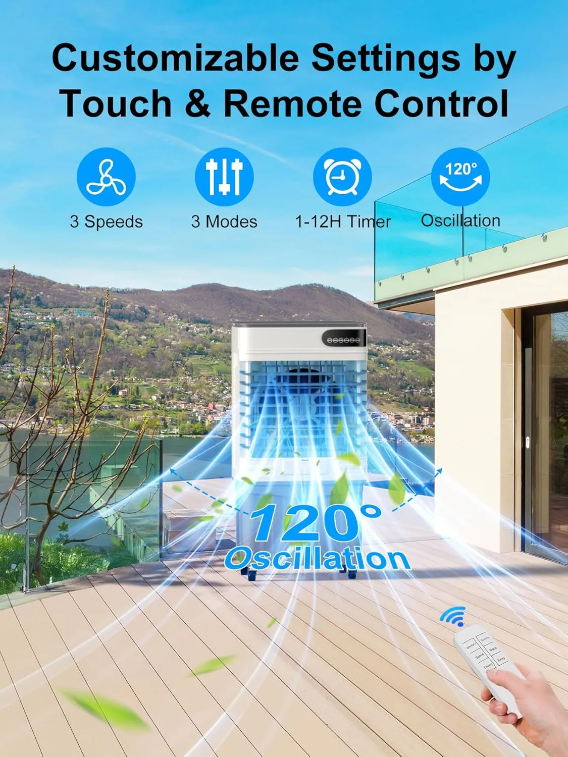 Swamp Cooler 44 Inch, 3800 CFM Evaporative Air Cooler with Remote Control & 120° Oscillation, 3 In 1 Portable Cooling Fan for 1000 Sq.Ft, 13.5 Gal Tank, 3 Speeds/Modes for Home, Garage, Patio