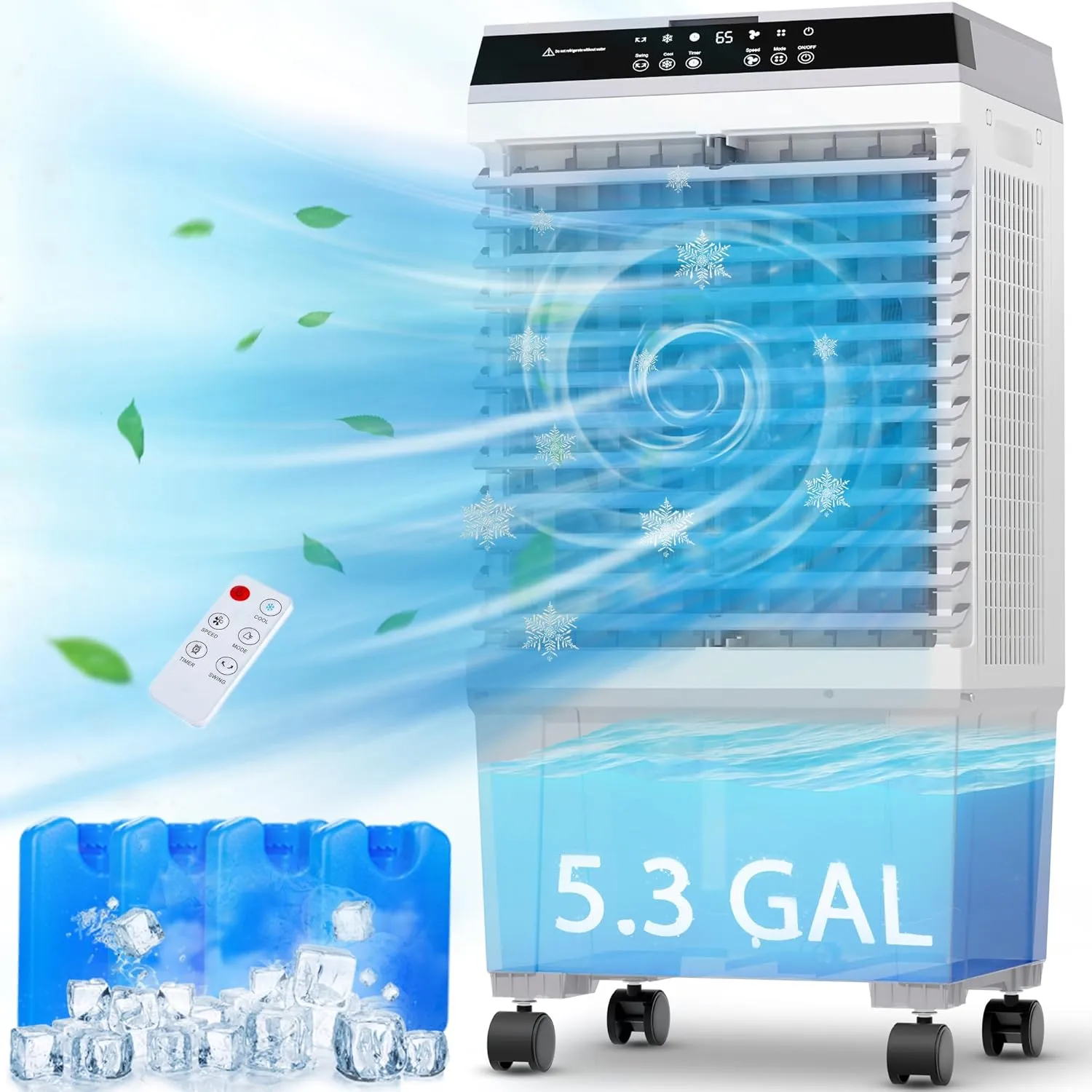 Swamp Cooler Air Conditioner,1800CFM Portable Evaporative Air Cooler,Cooling Fan for Room Garage Patio,5.3 Gal Water Tank,3 Speeds,4 Ice Boxes,12H Timer,Remote,32inch