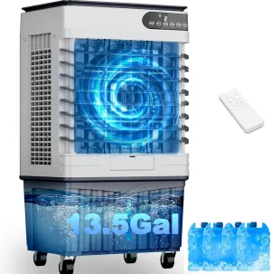 Swamp Cooler Air Conditioners, Large 13.5-Gal Tank for 7d Cooling, 4-IN-1 Portable evaporative cooler with LED Touch Screen, 3 Fan Speeds, 12H Timer & Remote, 1000 sq ft Coverage, Ideal for Large Room