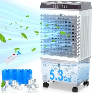 Swamp Coolers, Evaporative Air Cooler with 5.3-Gal Tank, 12H Timer, Evaporative Cooler with 120° Oscillation, 3 Speeds, Cooling Fans for Indoor Outdoor Use(Grey)