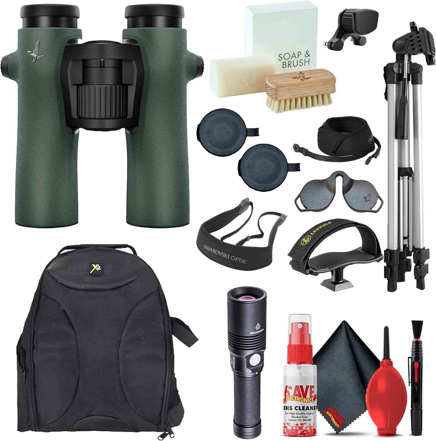Swarovski 8x32 NL Pure Binoculars (Green) Premium Bundle - Includes Comfort Strap, Forehead Rest, 6' Tripod, Backpack, Tripod Adapter, Flashlight & Cleaning Kit