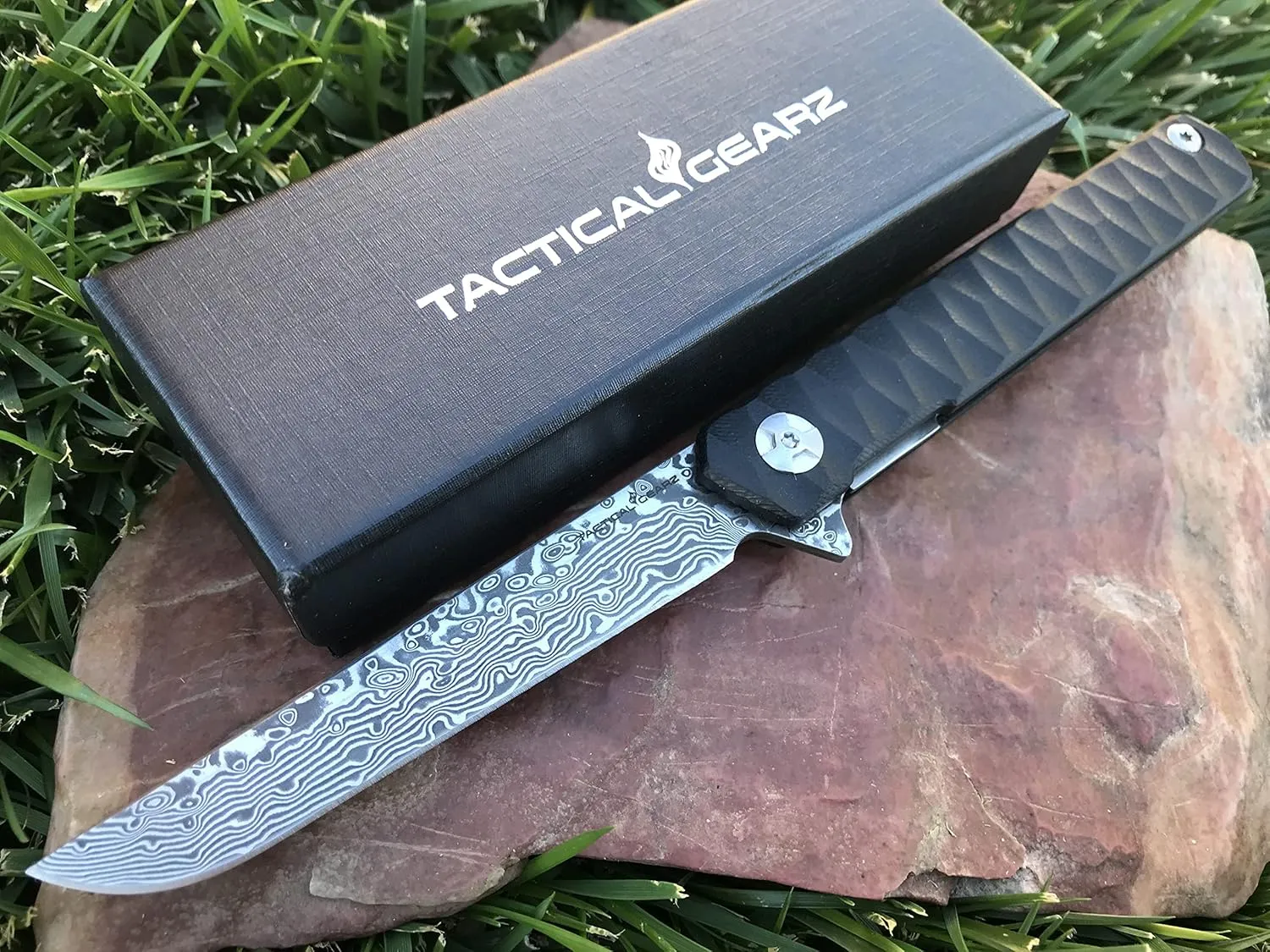 TACTICAL GEARZ Damascus Pocket Knife for EDC, G10 Handle, 67 Multi Layered Damascus Blade & VG10 Core, Includes Sheath (Vela XT)