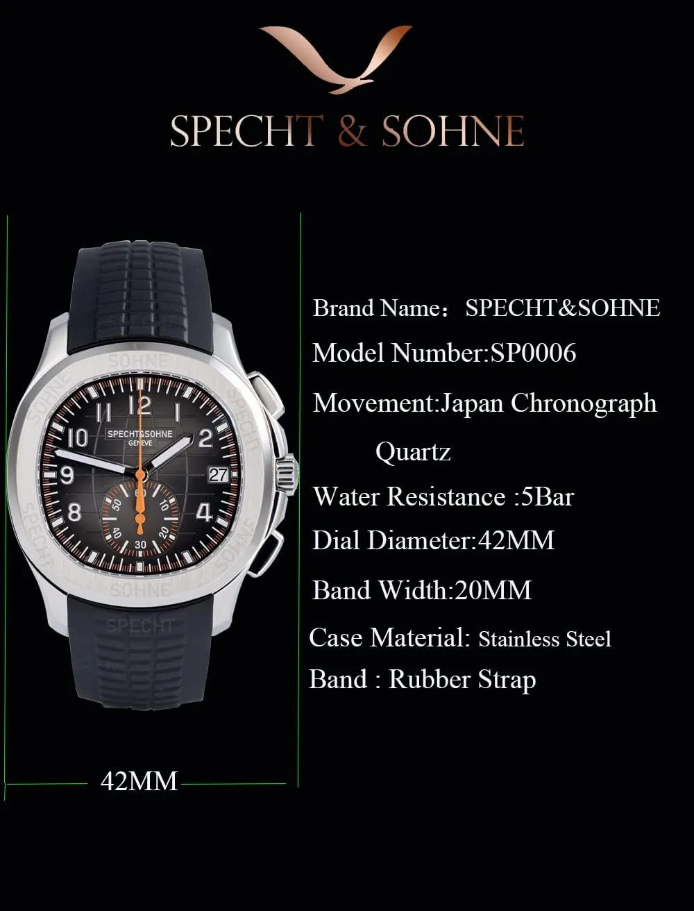 TACTO Specht&Sohne Men's Quartz Watches for Men Chronograph Display Waterproof 42mm Steel Sports Watches Luminous Rubber Strap Waterproof Analogue Wrist Watch
