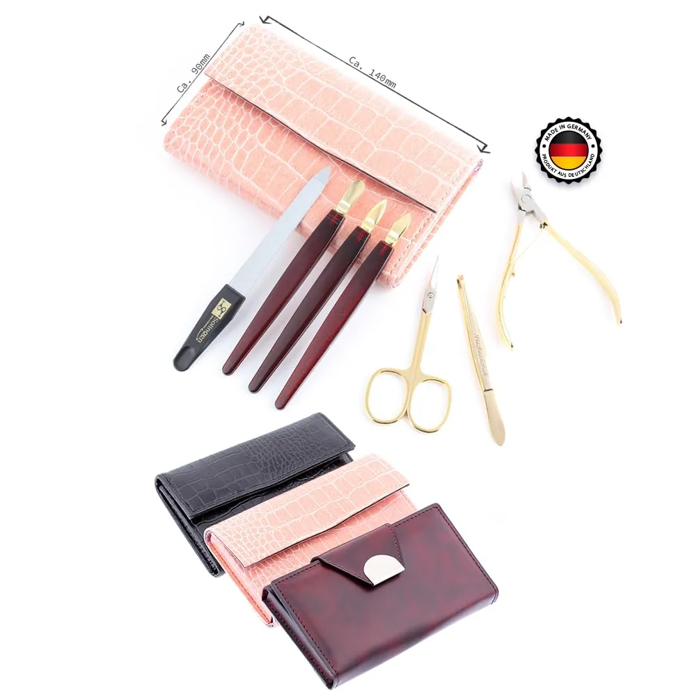 Tarko Solingen Professional Nail Kit Manicure Set, 7 Pcs Nail Care Kit with Luxury Leather Carry Case - Professional Finger Nail Care for DIY & Manicure Saloon (Pink)