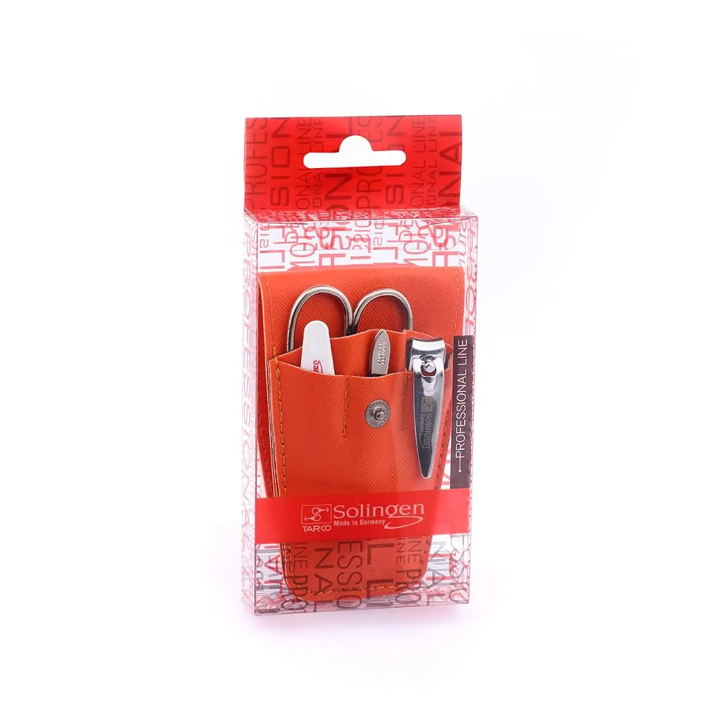 Tarko Solingen Travel Nail Clippers Manicure Set, 4 Pcs Nail Care Kit with Stylish Leather Carry Case & Nail Scissors - Professional Nail Clippers Set (Orange)
