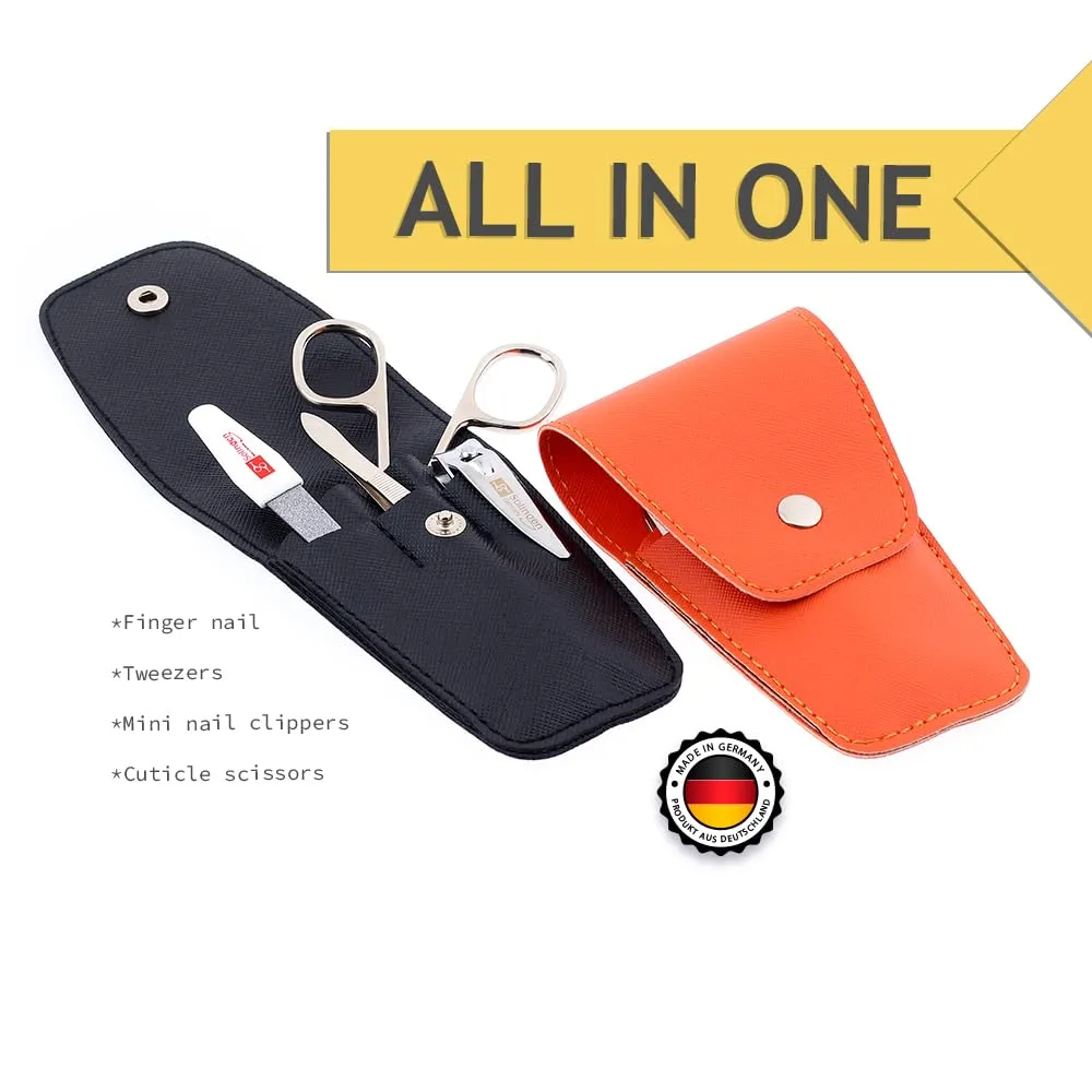 Tarko Solingen Travel Nail Clippers Manicure Set, 4 Pcs Nail Care Kit with Stylish Leather Carry Case & Nail Scissors - Professional Nail Clippers Set (Orange)
