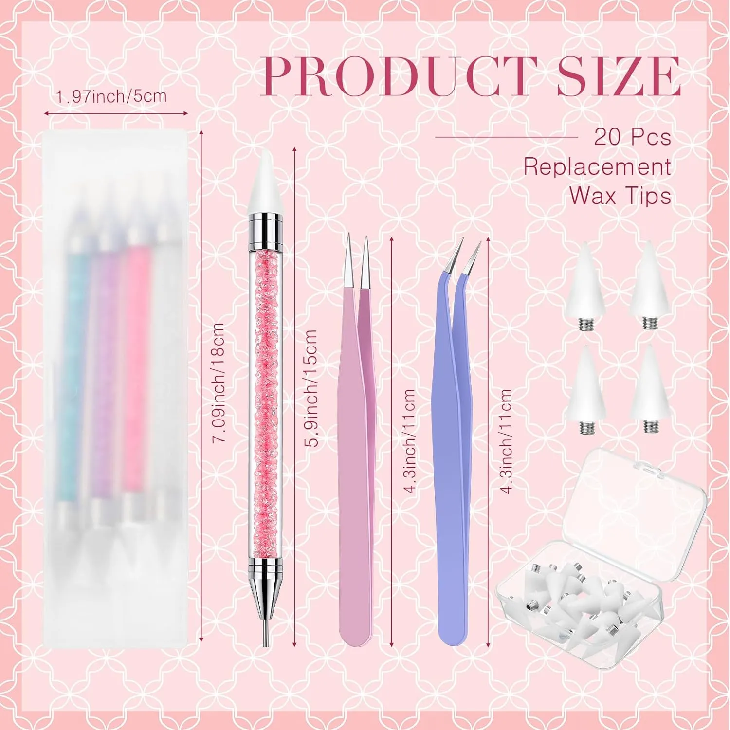 Tatuo 4 Pcs Rhinestone Picker Tool Dotting Pen Dual-ended Handle Rhinestones Applicator Gems Crystals Beads Picker Wax Pencil Pen with 20 Wax Head and 2 Tweezers for DIY Nail Art Tool(Elegant Color)
