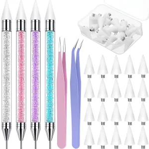 Tatuo 4 Pcs Rhinestone Picker Tool Dotting Pen Dual-ended Handle Rhinestones Applicator Gems Crystals Beads Picker Wax Pencil Pen with 20 Wax Head and 2 Tweezers for DIY Nail Art Tool(Elegant Color)
