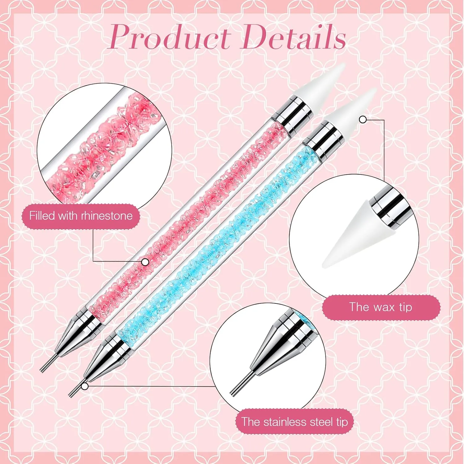 Tatuo 4 Pcs Rhinestone Picker Tool Dotting Pen Dual-ended Handle Rhinestones Applicator Gems Crystals Beads Picker Wax Pencil Pen with 20 Wax Head and 2 Tweezers for DIY Nail Art Tool(Elegant Color)