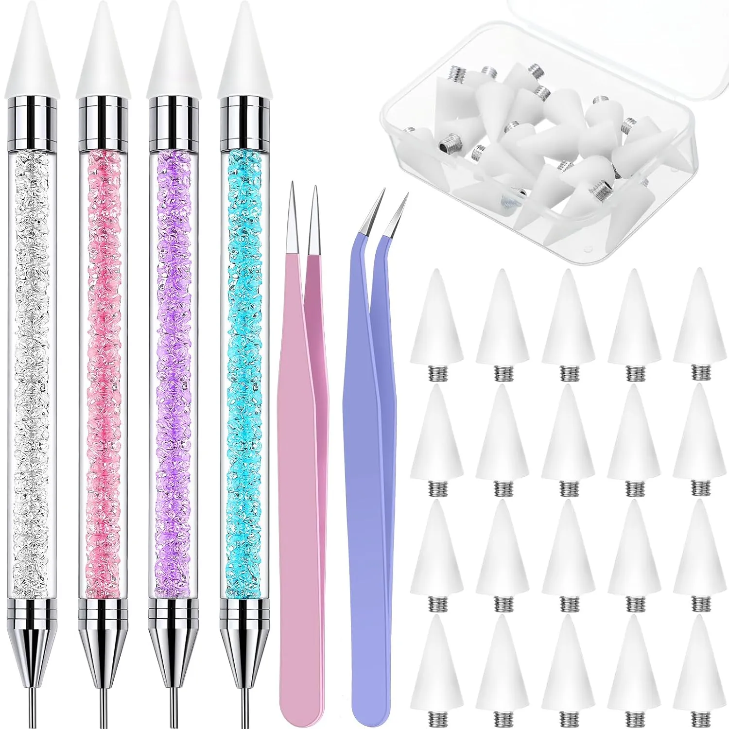 Tatuo 4 Pcs Rhinestone Picker Tool Dotting Pen Dual-ended Handle Rhinestones Applicator Gems Crystals Beads Picker Wax Pencil Pen with 20 Wax Head and 2 Tweezers for DIY Nail Art Tool(Elegant Color)