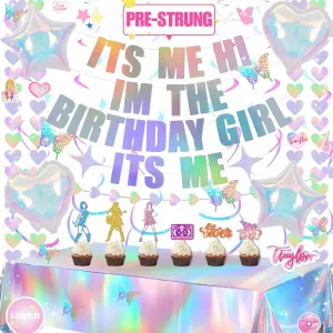 Taylor Birthday Decorations Pack for Swift Theme Party, Iridescent Banner & Tablecloth & Balloons, Stickers, Swirls, Cake Topper, Wall Decor, Party Favors, Swift Birthday Decorations