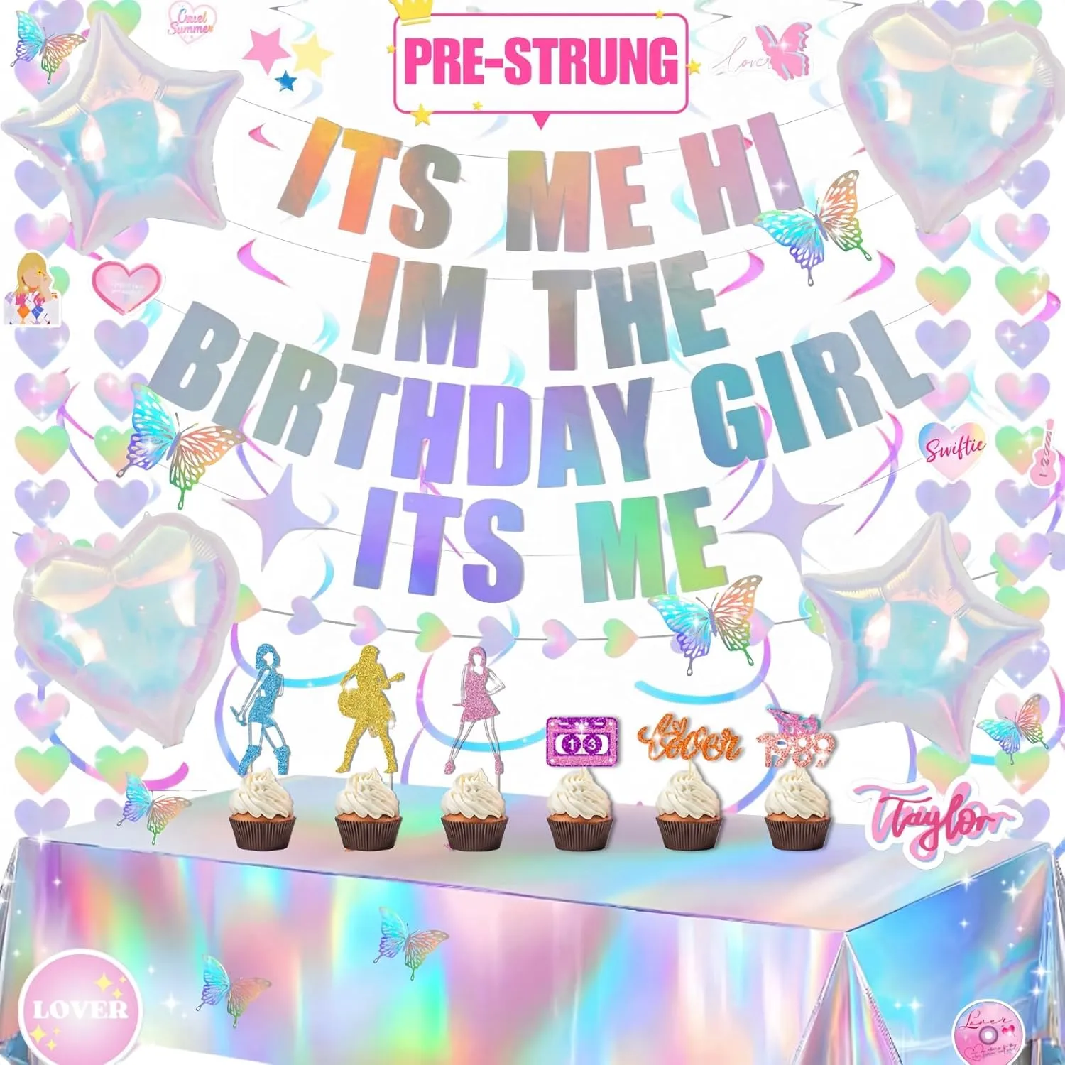 Taylor Birthday Decorations Pack for Swift Theme Party, Iridescent Banner & Tablecloth & Balloons, Stickers, Swirls, Cake Topper, Wall Decor, Party Favors, Swift Birthday Decorations