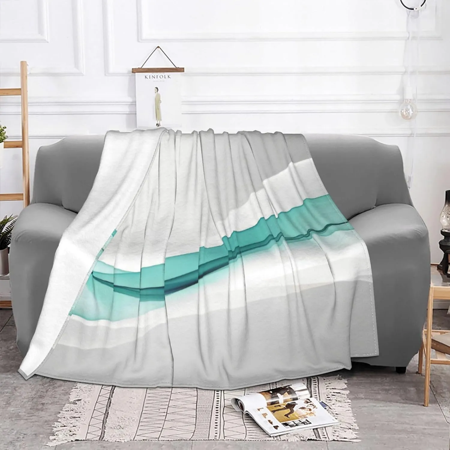 Teal Wave Abstract 60"X50" Flannel Blanket - 100% Soft Polyester, Lightweight and Warm, Suitable for Families, Camping, Travel