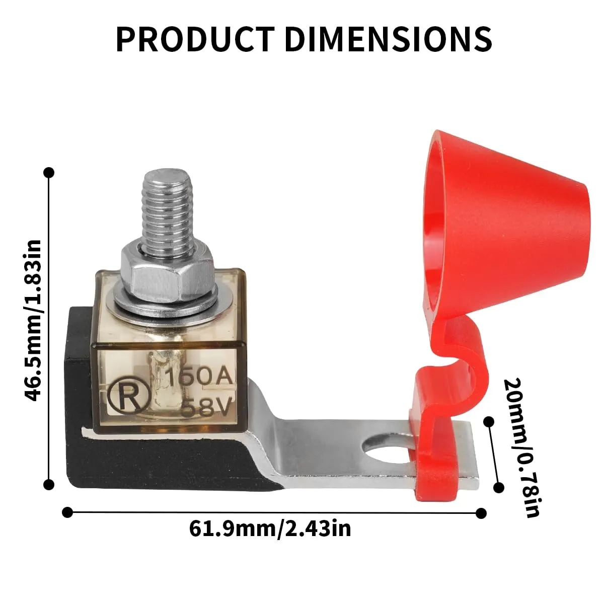 Terminal Fuse Block 150Amp，58V DC Maximum, Single Stud 5/16" (M8) Compact MRBF Marine Rated Battery Fuse
