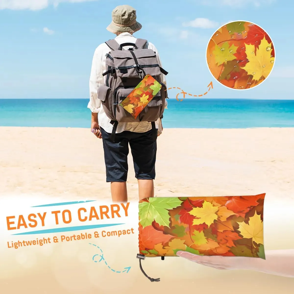 Thanksgiving Beach Blanket, Sandproof Beach Mat, 68 x 59 Waterproof Quick Drying Sand Free Mat with 4 x Ground Spikes for Outdoor Travel Camping Hiking, Fall Maple Leaf