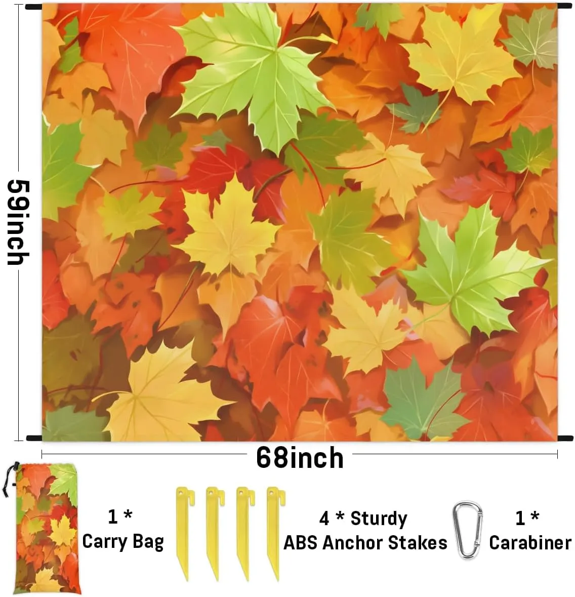 Thanksgiving Beach Blanket, Sandproof Beach Mat, 68 x 59 Waterproof Quick Drying Sand Free Mat with 4 x Ground Spikes for Outdoor Travel Camping Hiking, Fall Maple Leaf