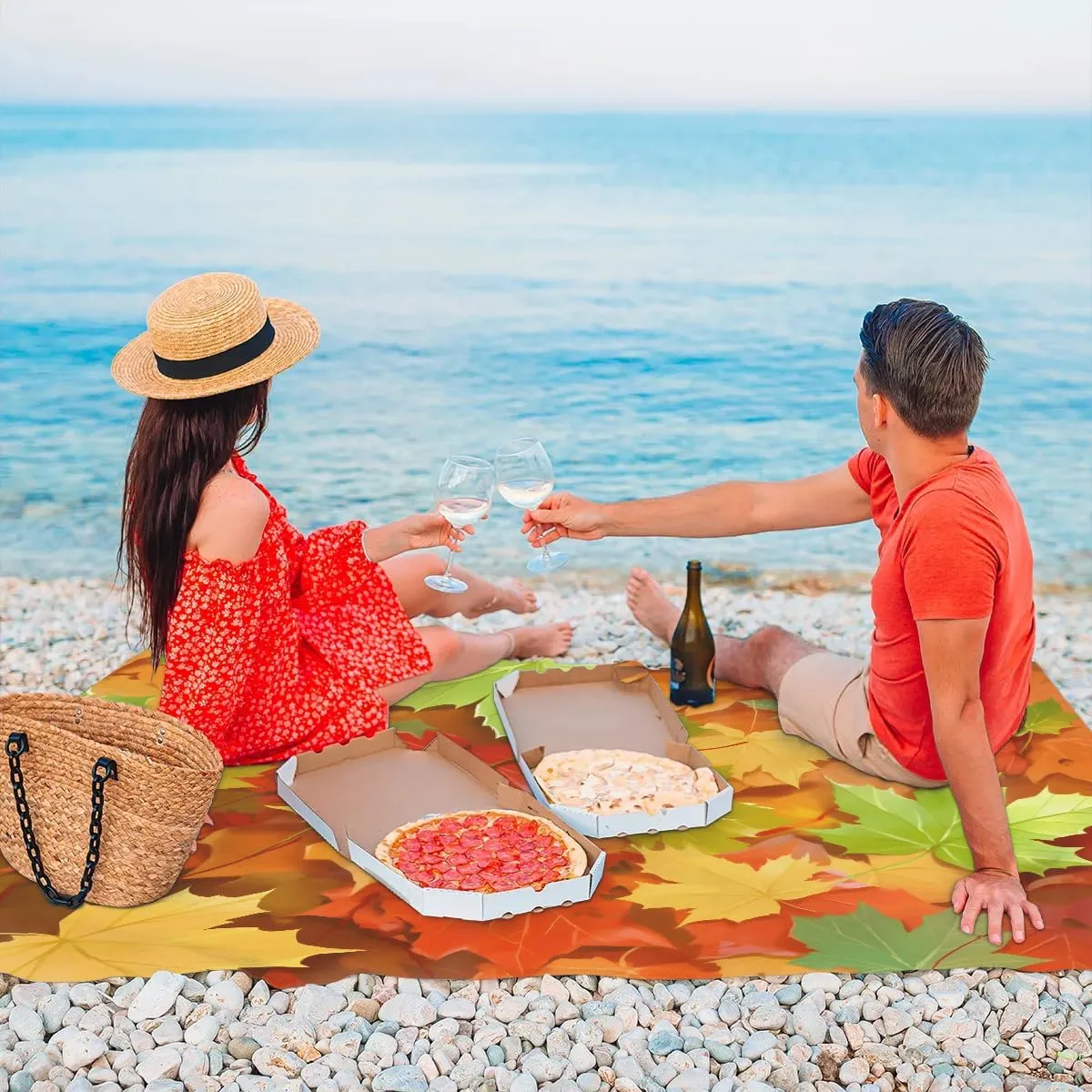 Thanksgiving Beach Blanket, Sandproof Beach Mat, 68 x 59 Waterproof Quick Drying Sand Free Mat with 4 x Ground Spikes for Outdoor Travel Camping Hiking, Fall Maple Leaf