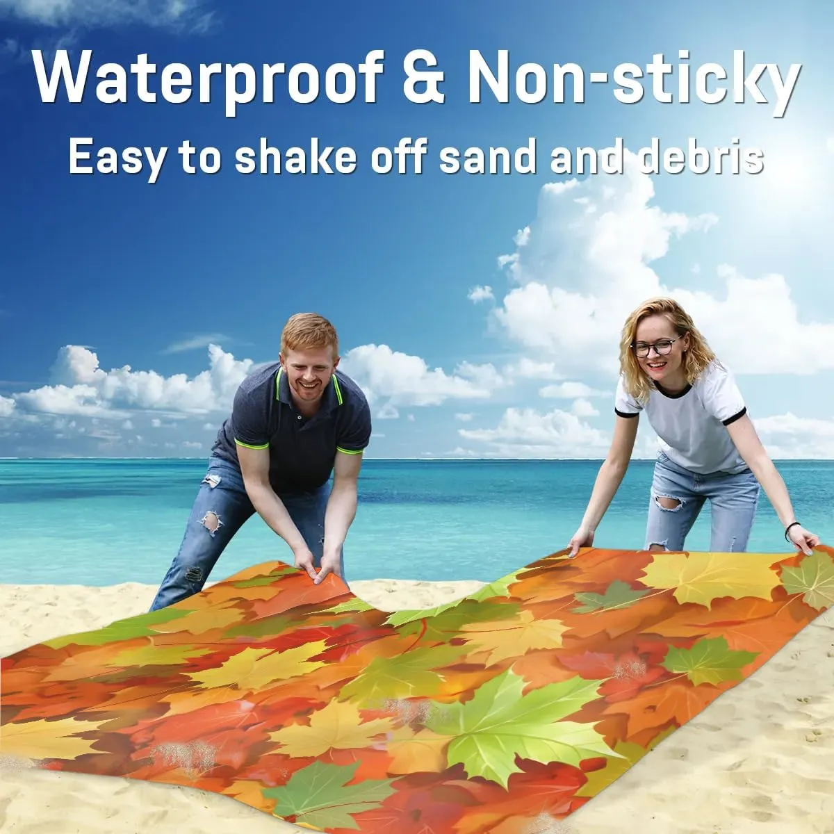 Thanksgiving Beach Blanket, Sandproof Beach Mat, 68 x 59 Waterproof Quick Drying Sand Free Mat with 4 x Ground Spikes for Outdoor Travel Camping Hiking, Fall Maple Leaf