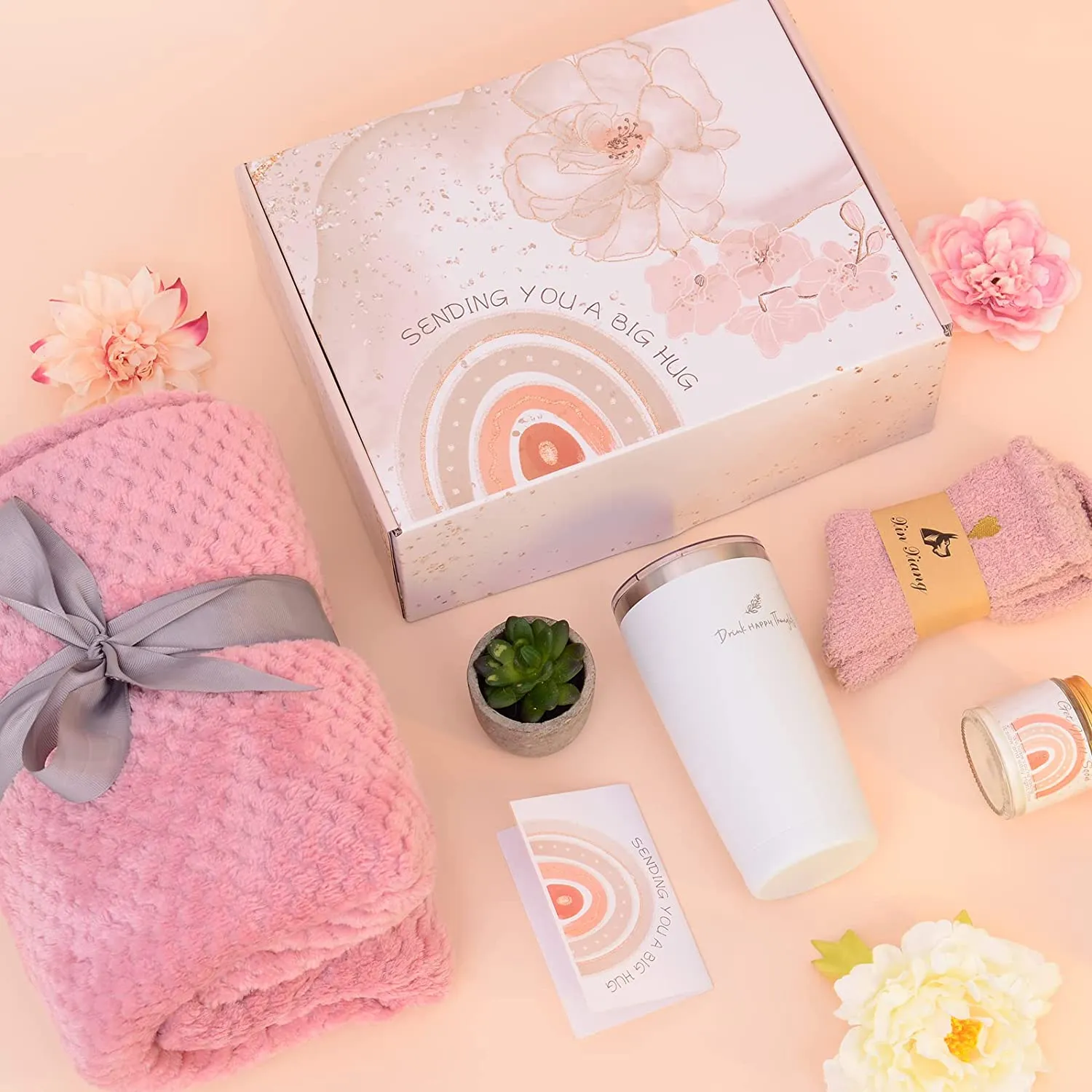 Thinking of you Feel Better Self Care Sympathy Gifts Box with Blanket Coffee Tumbler for Women Friends