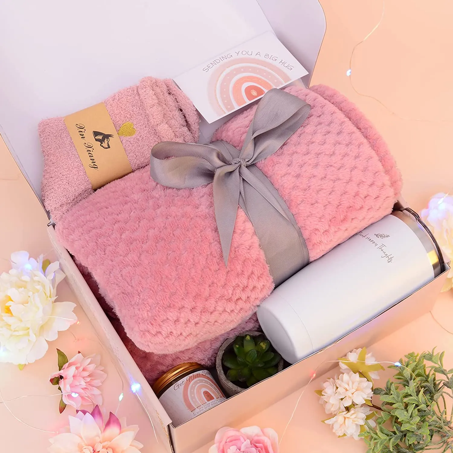 Thinking of you Feel Better Self Care Sympathy Gifts Box with Blanket Coffee Tumbler for Women Friends