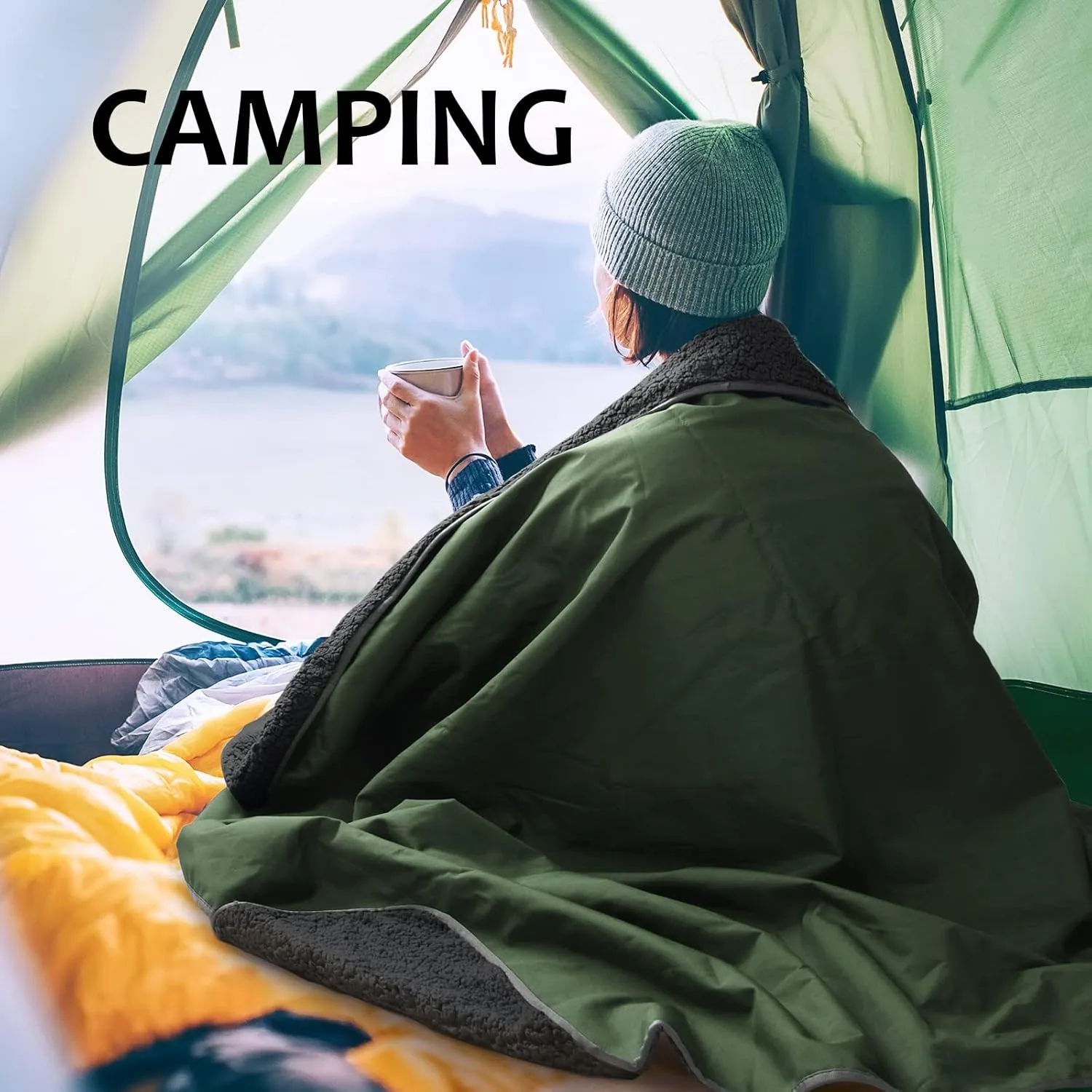 Tirrinia Outdoors Waterproof Camping Blanket,Sherpa Fleece Warm Windproof Soccer Stadium Blanket for Car Football Beach Concerts,51''X 59''