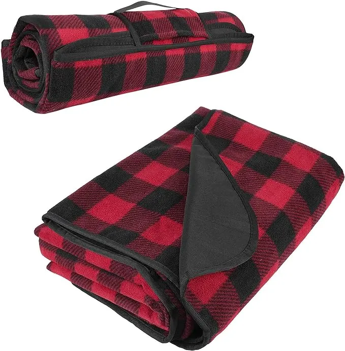 Tirrinia Outdoors Waterproof Throw Blanket, 51”x 59” Lightweight Fleece Stadium Windproof Mat for Boat, Traveling, Camping, Hiking, Football - Machine Washable, Red-Black Plaid