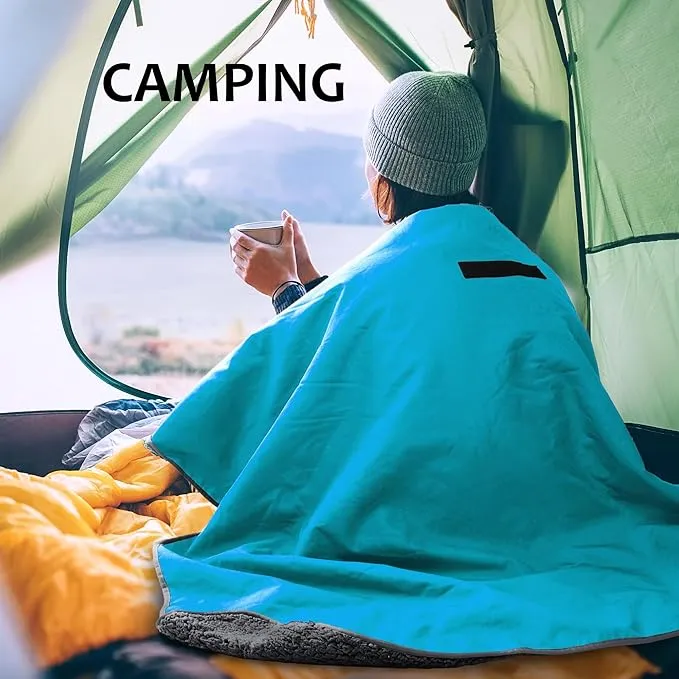 Tirrinia Outdoors Waterproof Throw Blanket, 51”x 59” Sherpa Fleece Stadium Windproof Mat for Boat, Traveling, Camping, Hiking, Football - Machine Washable, Aqua Grey